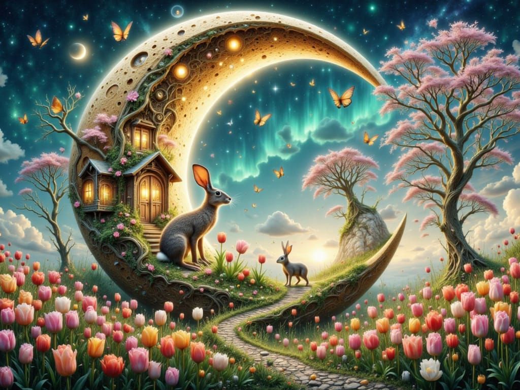 <lora:FiosCrescentMoons:1.0> Spring Hares in a Tulip Crescent moonscape