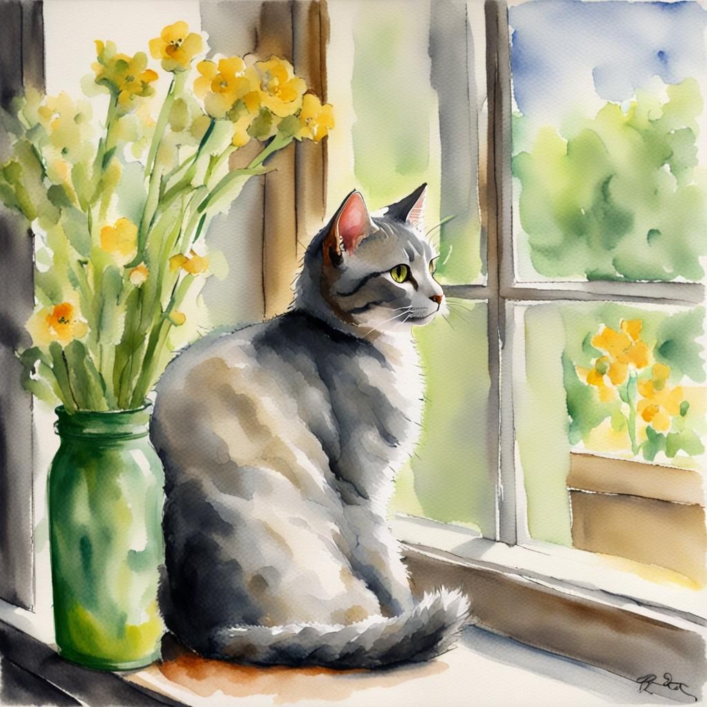 Neo-Organica Chromatica watercolour impressionist style, a bambino cat ...