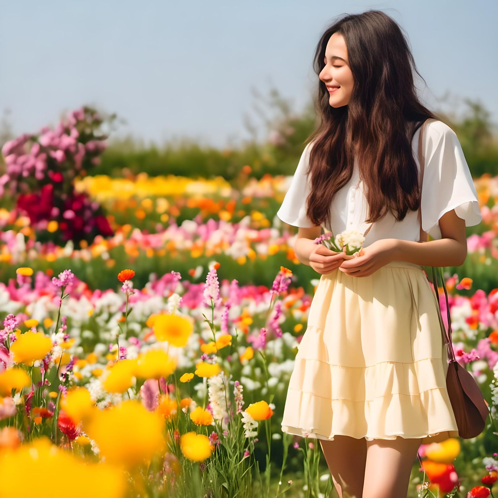 young woman enjoying spring flower garden <lora:NC Hyperreal...