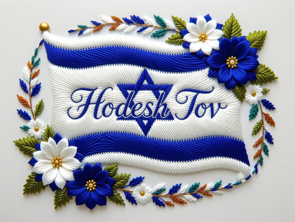 Intricate Israeli Flag Embroidery with Floral Patterns and C...