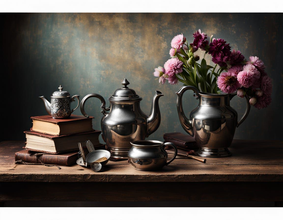 A still life featuring a collection of antique objects arranged on a wooden table, including a tarnished ...  by @Matthew Convento
