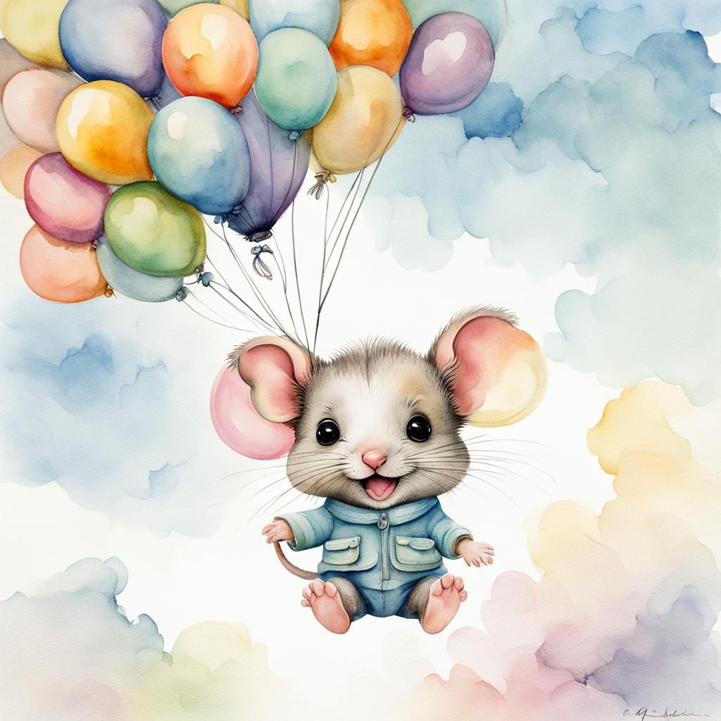 Whimsical mouse with balloons in the clouds