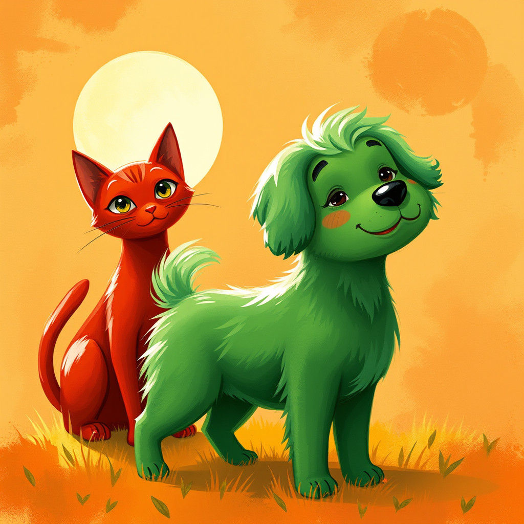 Whimsical Green Dog and Red Cat Illustration