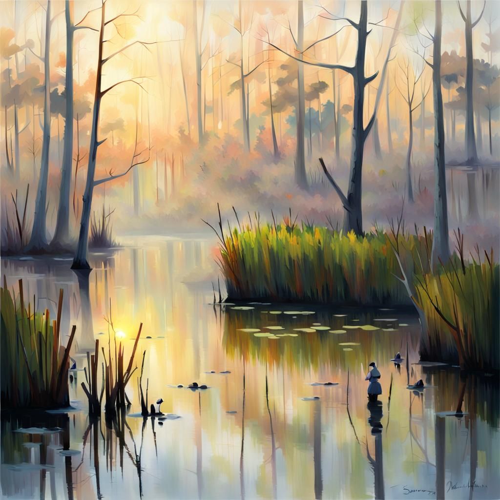 Swamp, morning light, impressionist, foggy  by @Somei
