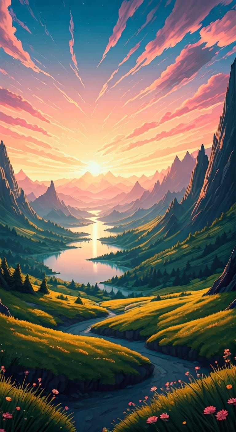 A grand, sweeping landscape of light and color, depicting a ...