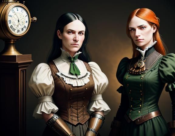 Two identical female twin sisters in identical uniforms, sta...