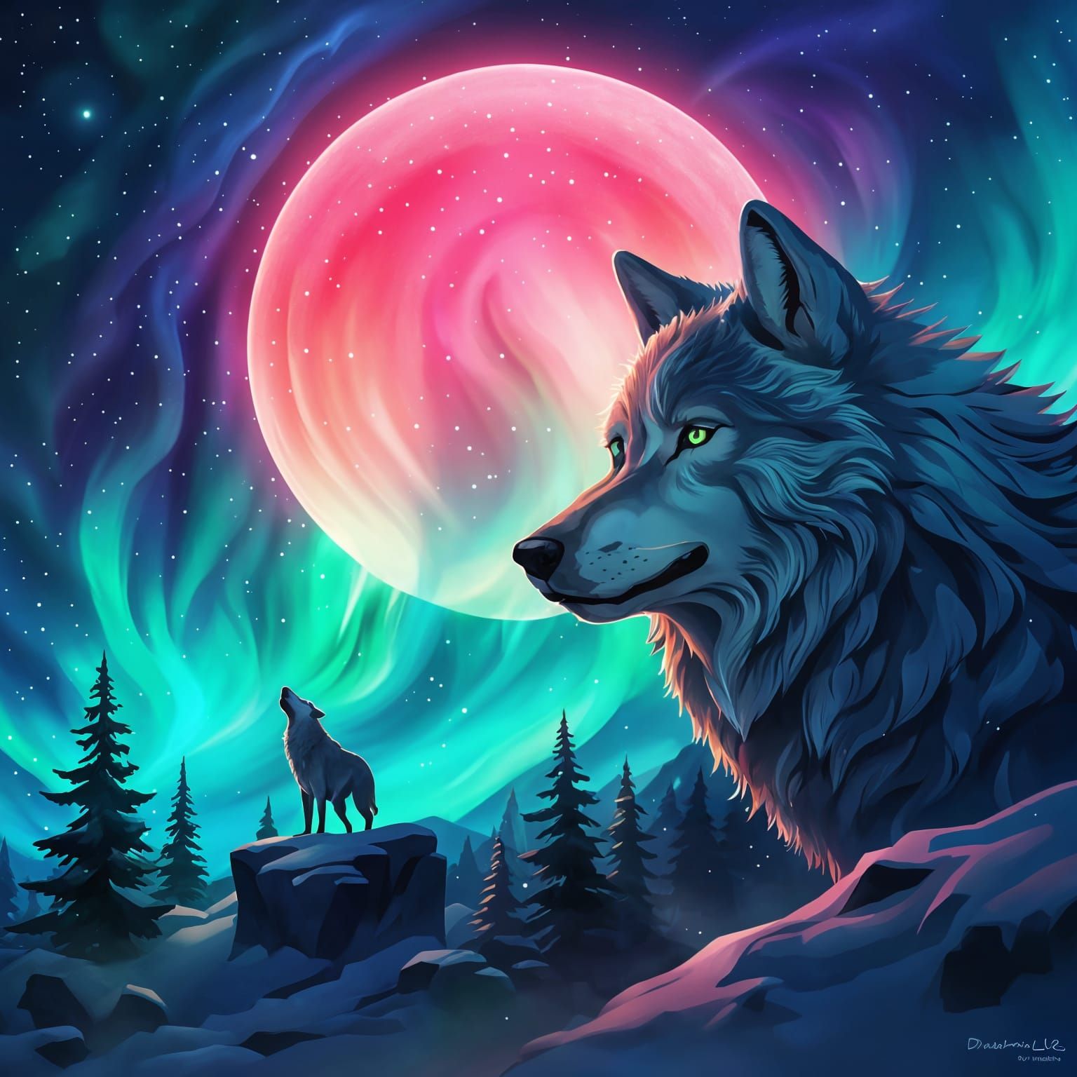 Moonlit Wolves Amidst Vibrant Northern Lights