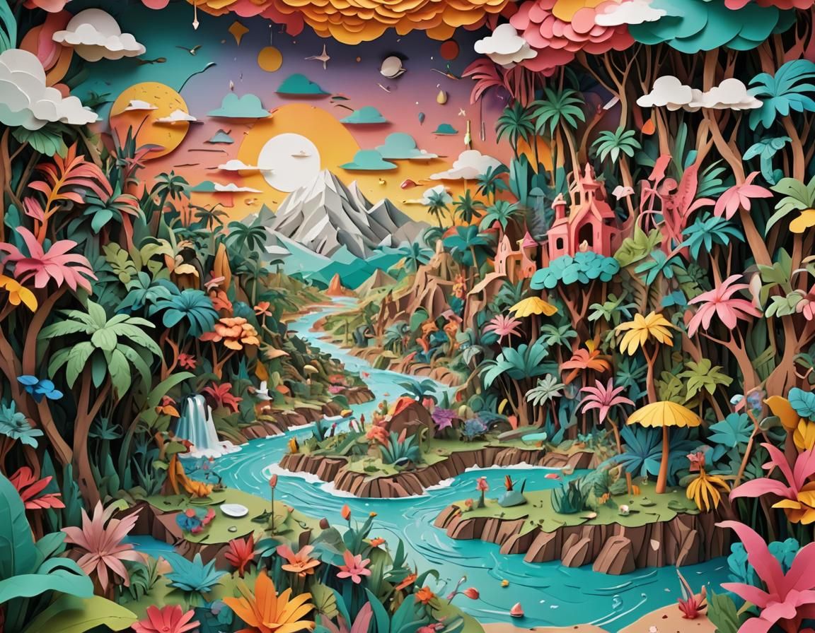 A crazy paper-mâché collage of a surreal paradise landscape ...