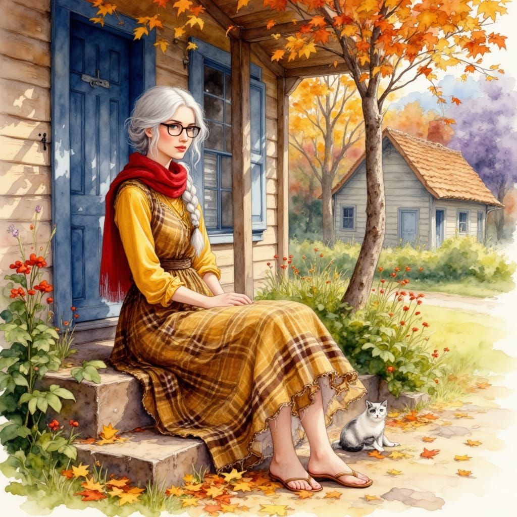 <lora:FluxDevFlux2:1.0> stunning woman, braided, gray hair, glasses, brown and yellow checkered dress, a red scarf around her neck, boho sty...