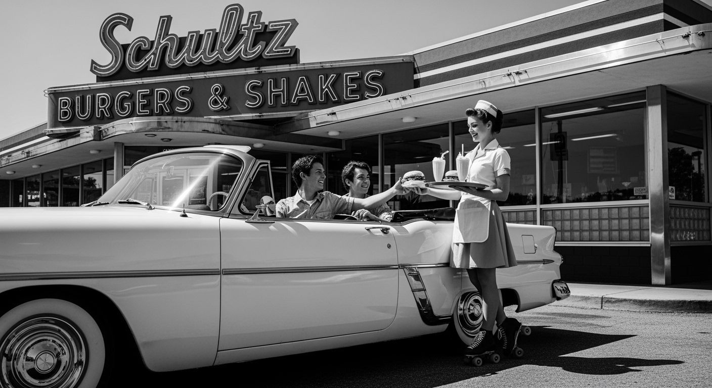 photorealistic, editorial photography, Fine-art photography, render a black-and-white image set in the 1950s: two teenagers seated inside a ...