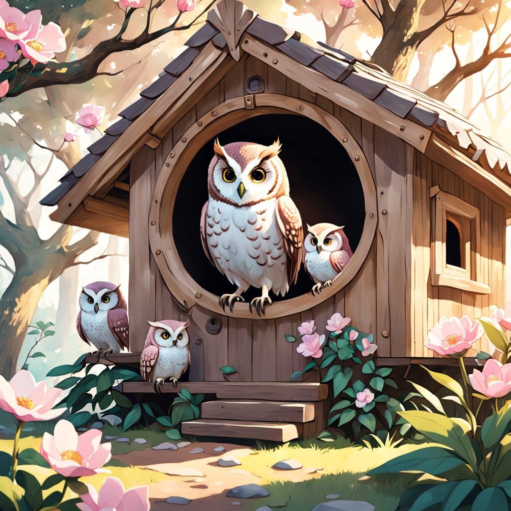 Whimsical Watercolor Anime Scene of Owl Family in Treehouse