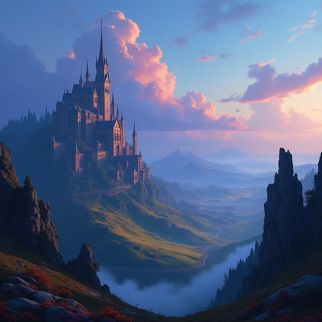 Fantastical Realm in Vibrant, Deep Blue and Purple Skies