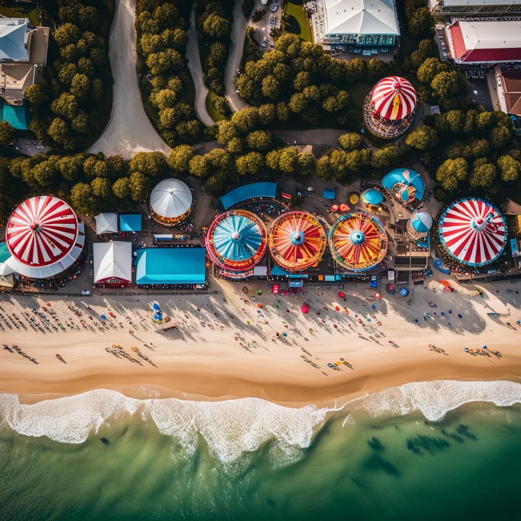 an image of a fun carnival  beside a beach from an aerial vi...