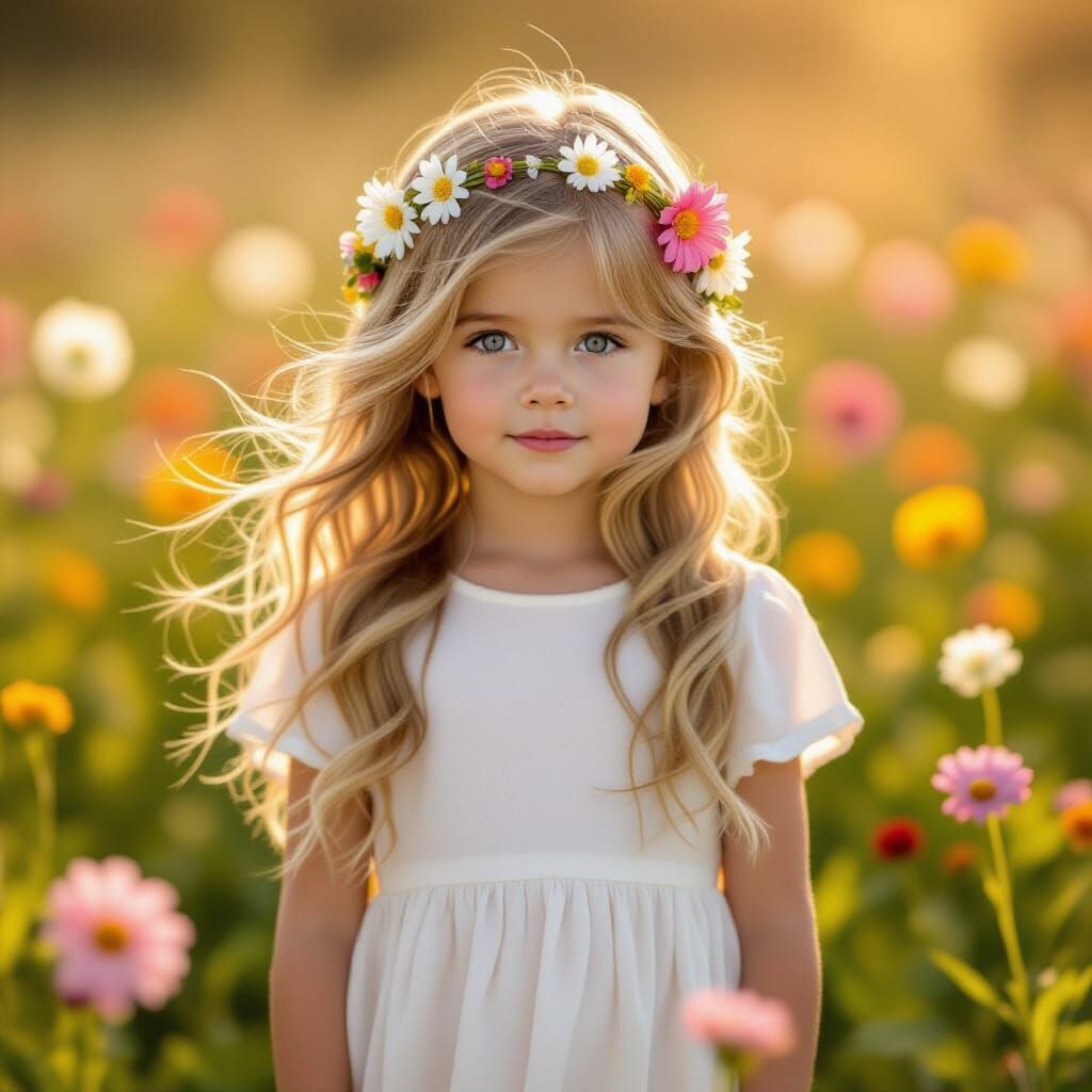 Child Among Colorful Flowers in Golden Sunlight
