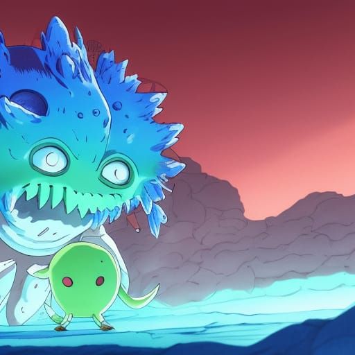 A fight beetwen a slime with blue hair and a pepper alien on...