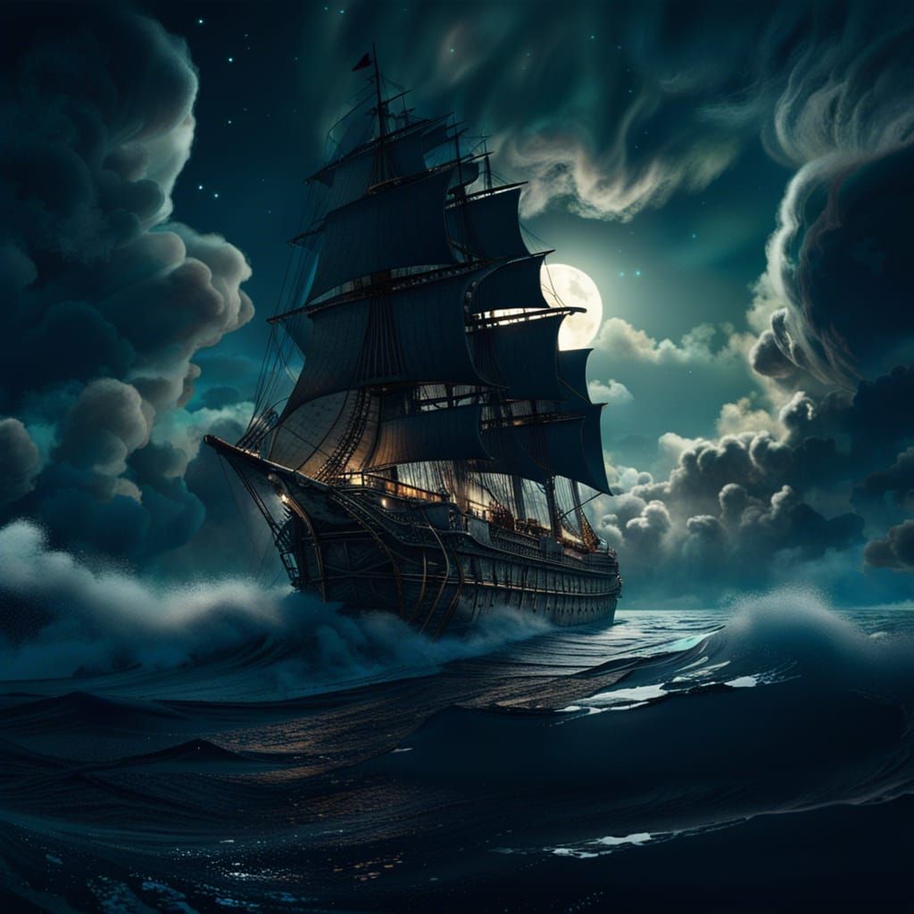 ship sailing on a moonlit ocean, clouds, art deco, in the st...