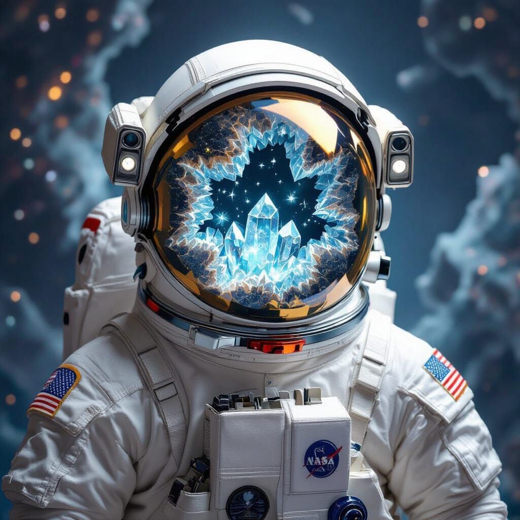Create a ultra realistic astronaut helmet closet depicting geode like crystals erupting out of every crevice of suit