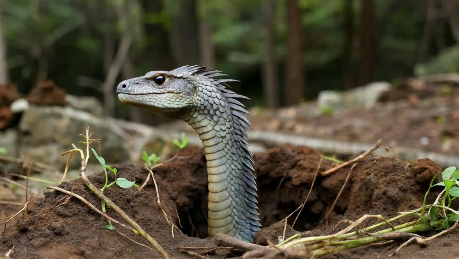 Baby dragon emerges from a nest underground
