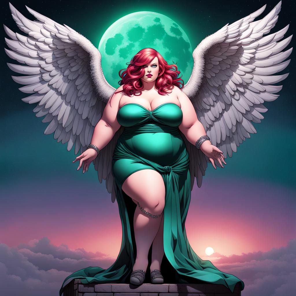 Alluring Goth Angel with Emerald Eyes in Night Sky
