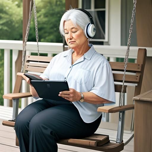 Older short woman, hair mixed brown with front white hair, c...