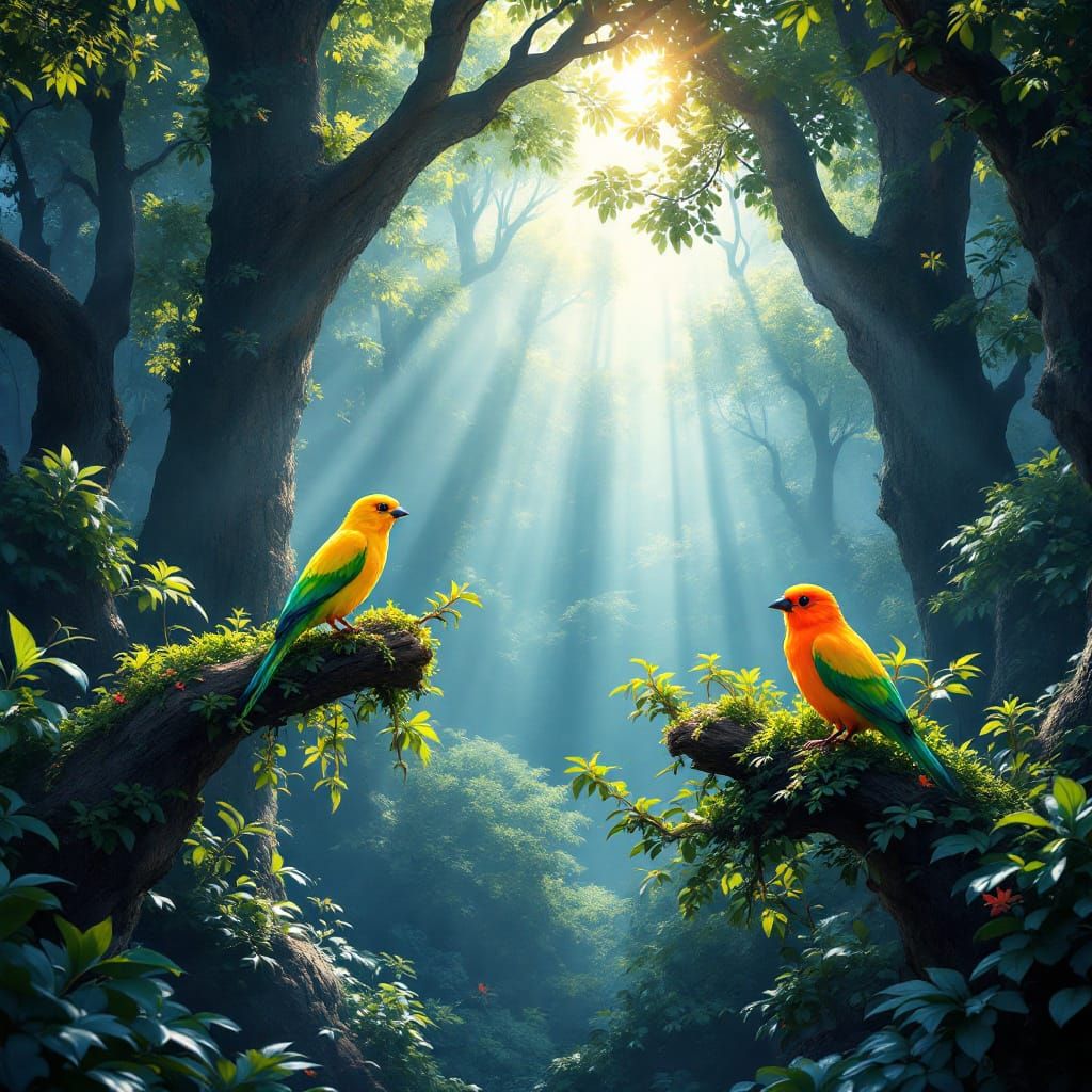 Fluorescent colored birds,  one bird fluorescent yellow and ...