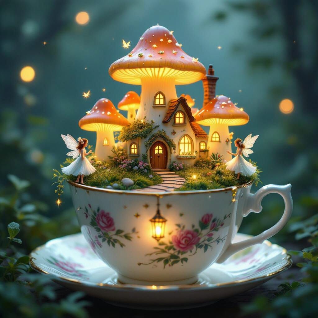 miniature village of light and fairies seen inside a teacup  by @Eve