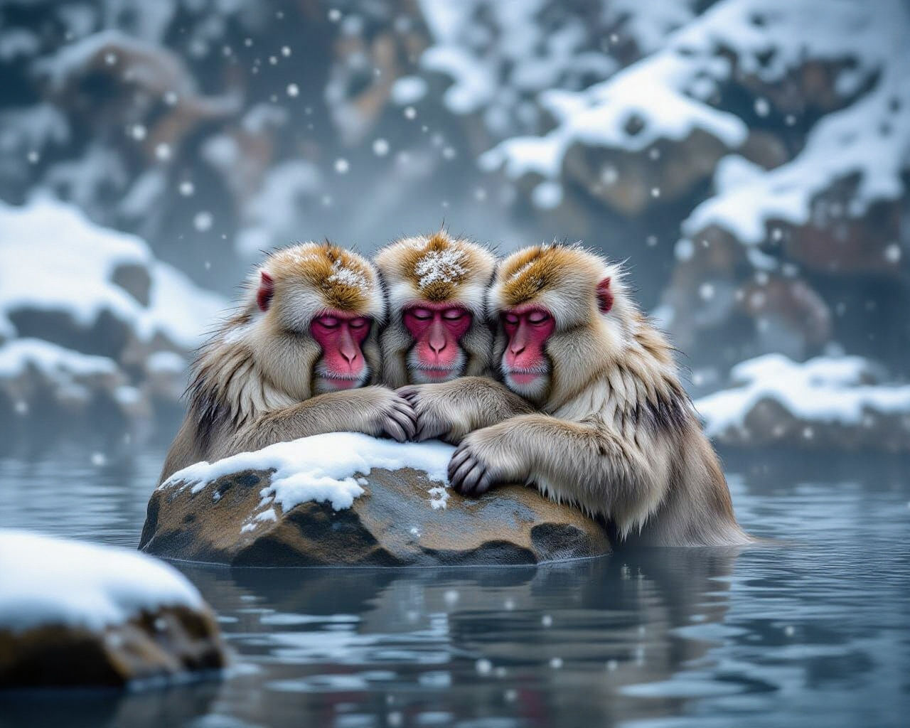 three sleeping Snow monkeys hug a long rock like a pillow in a hot spring, monkeys have snow on their heads and forearms, bottom half of the...