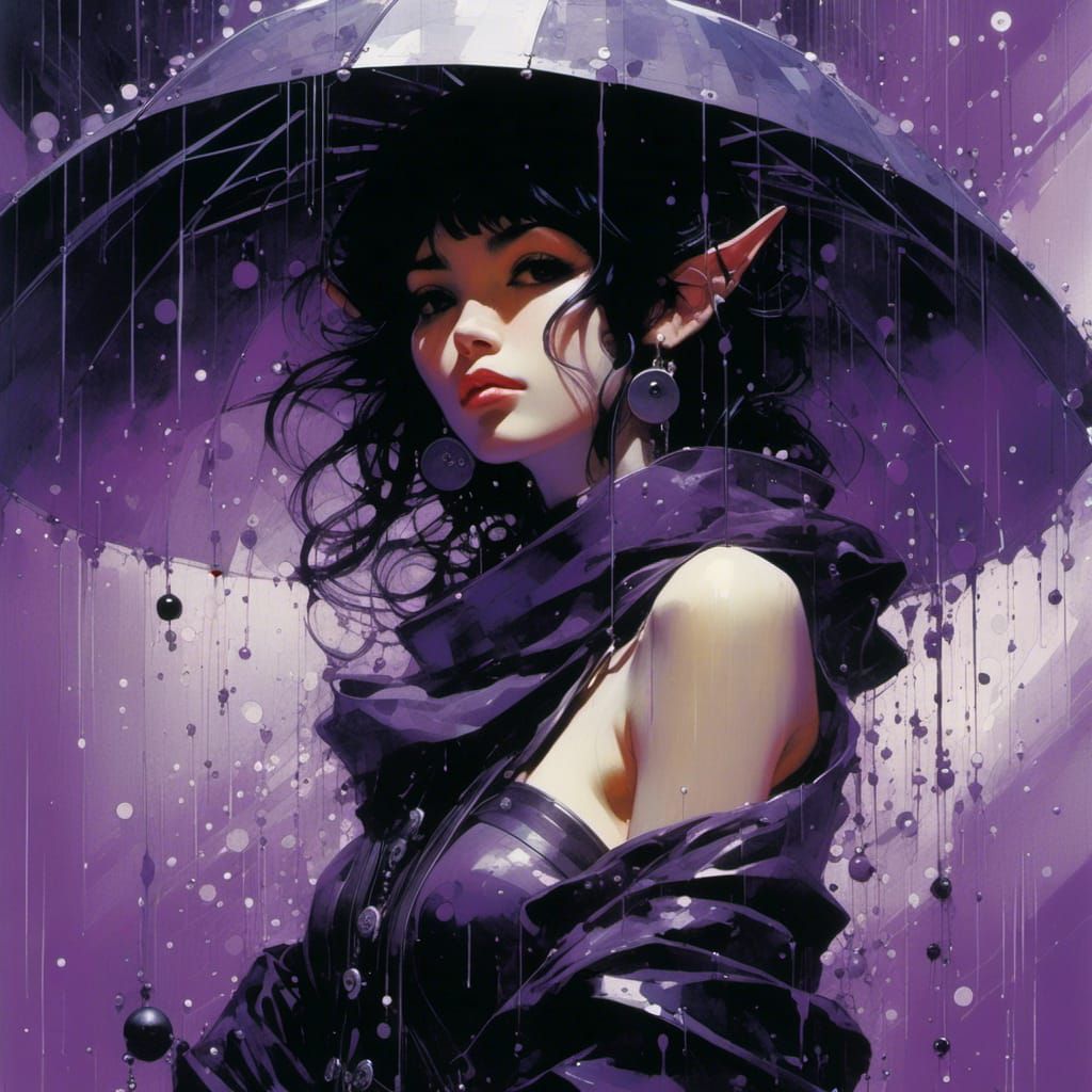 <lora:cminimalisk:1.0> Conrad Roset, Yoji Shinkawa, Ashley Wood, maximalism science fiction illustration , (purple-skinned:1.5) female elf...