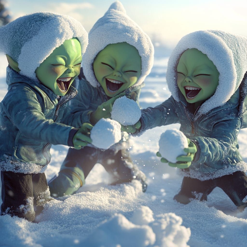 cute green aliens / see snow for the first time / playing wi...