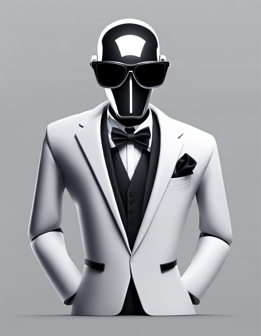 A faceless robot in a tuxedo and shades on a solid backgroun...