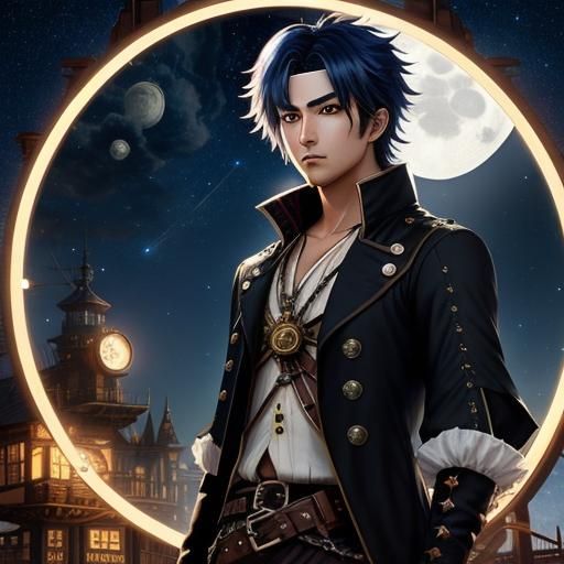 anime male pirate with under starry night sky with full moon in the ...