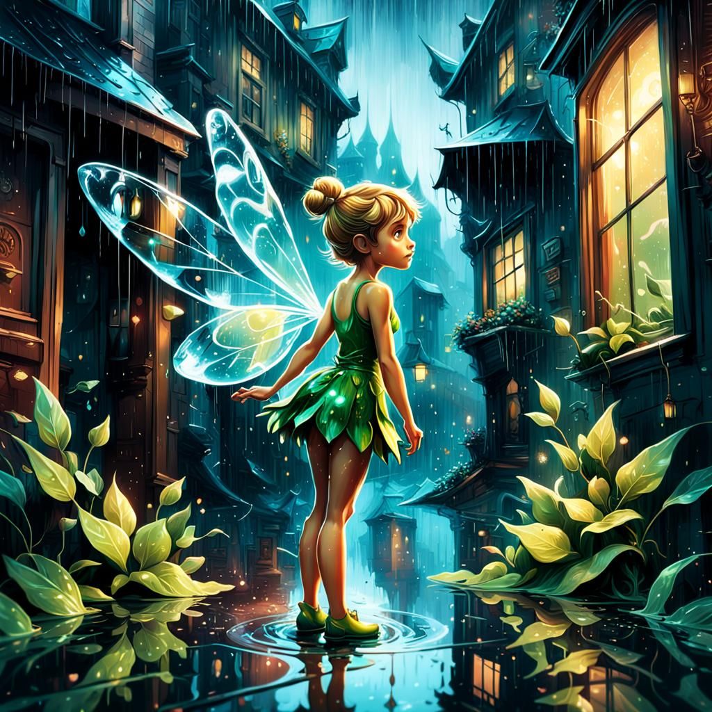 wet Tinkerbell ; rainy day ; reflections ; concept art by Pe...