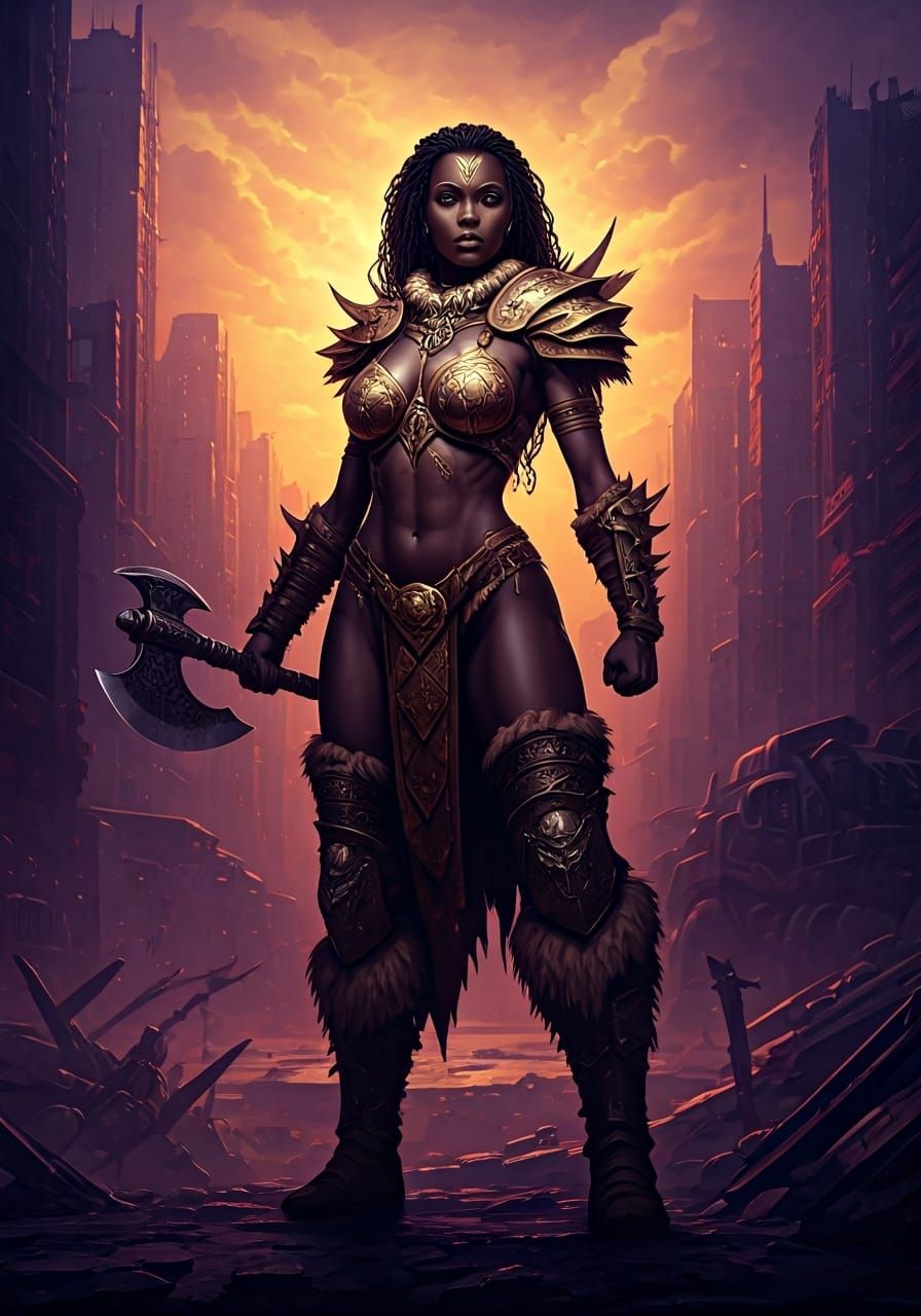 A beautiful black-skinned female barbarian in a loincloth-like bikini stands with a battle axe in her hand in a post-apocalyptic city.