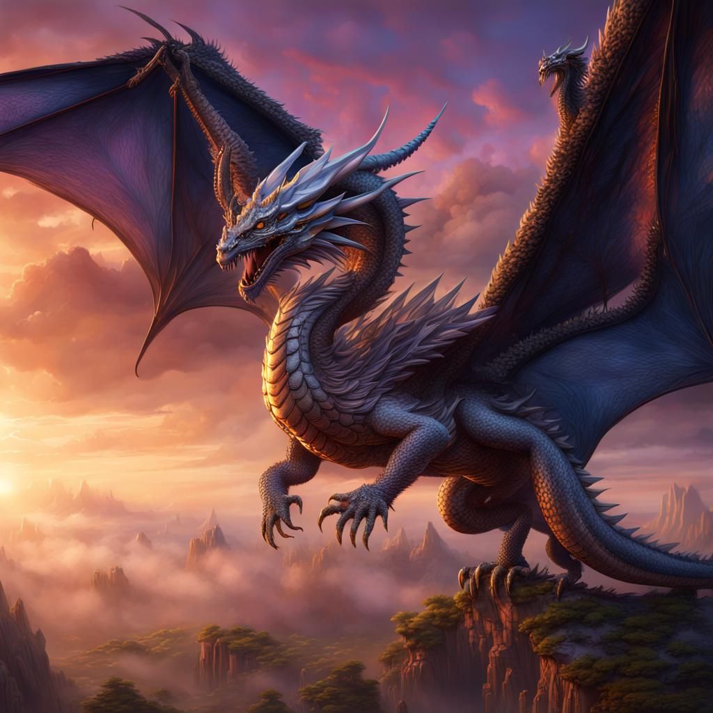 Soaring through a sky painted with hues of twilight, a drago...