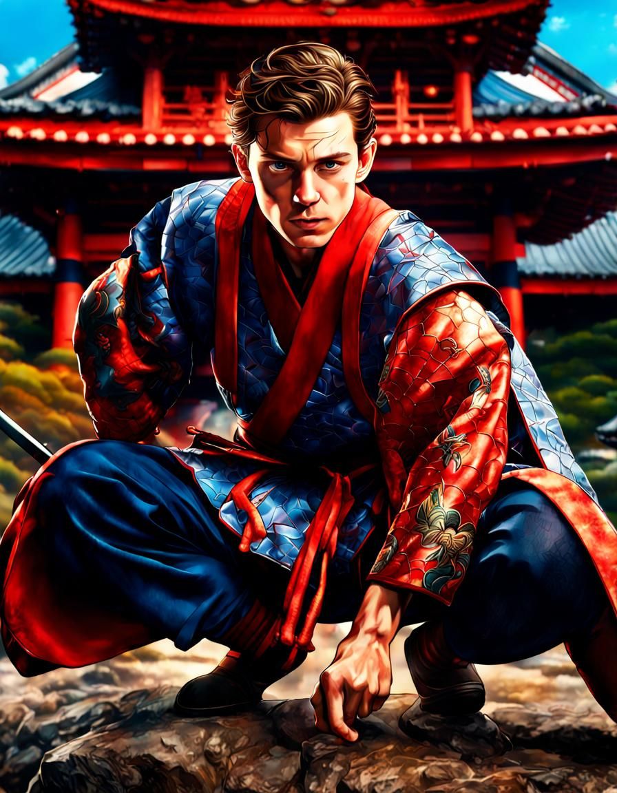 Tom Holland, Peter Parker, Spider-Man dressed as a Medieval Japanese samurai in Japan, action scene, Marvel Studios, Hyp...