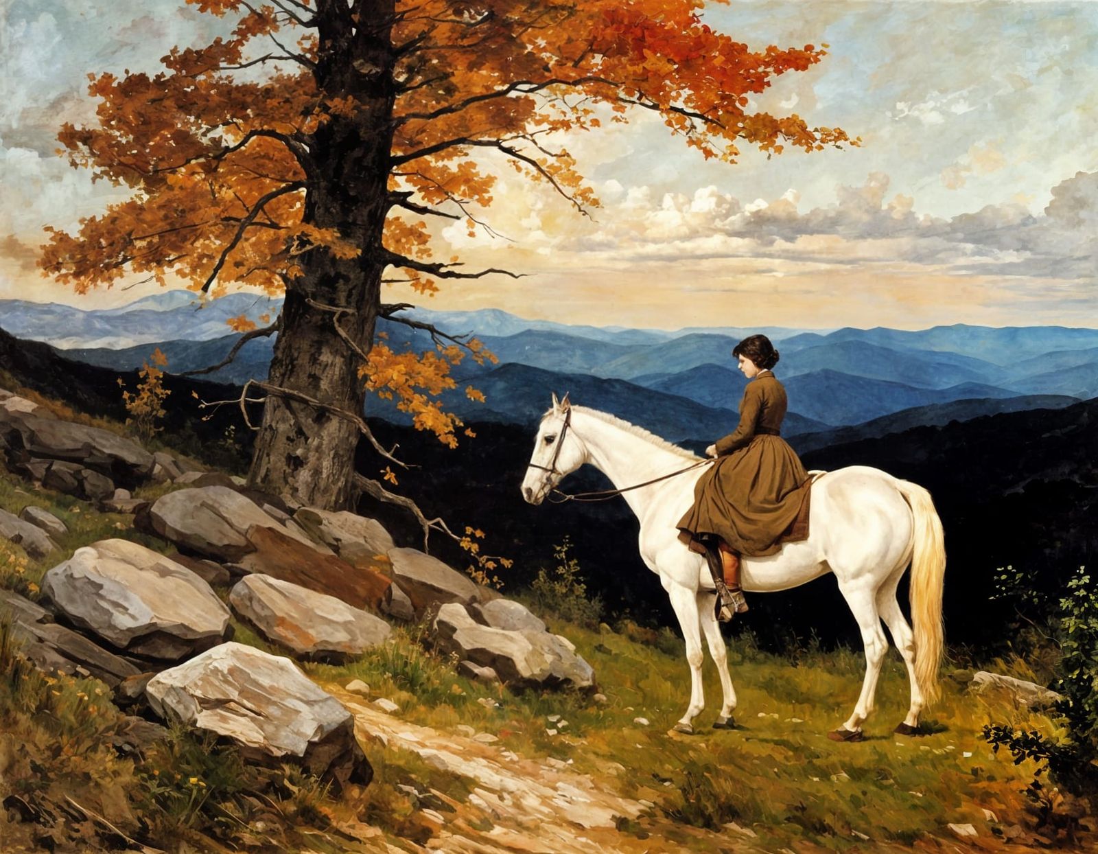 1868 Oil Painting; Young woman on her horse  admiring the landscape.   by @Terra