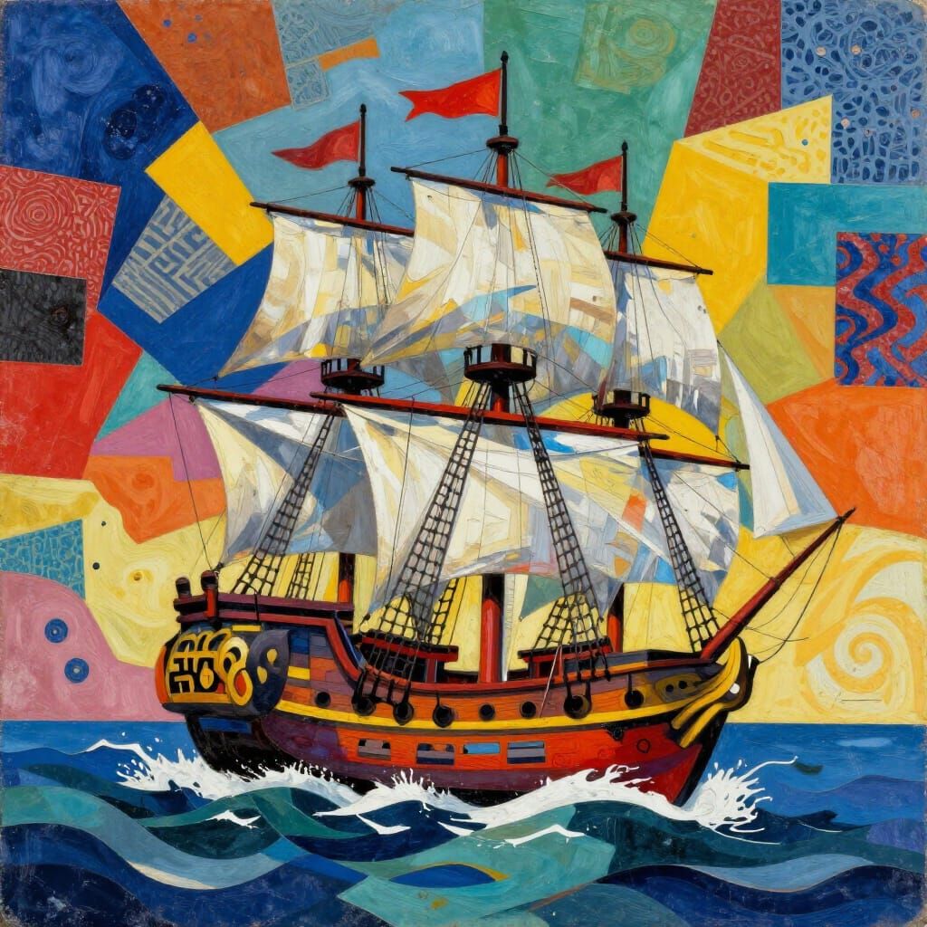 Vibrant Multicolored Pirate Ship Collage on Chaotic Sea