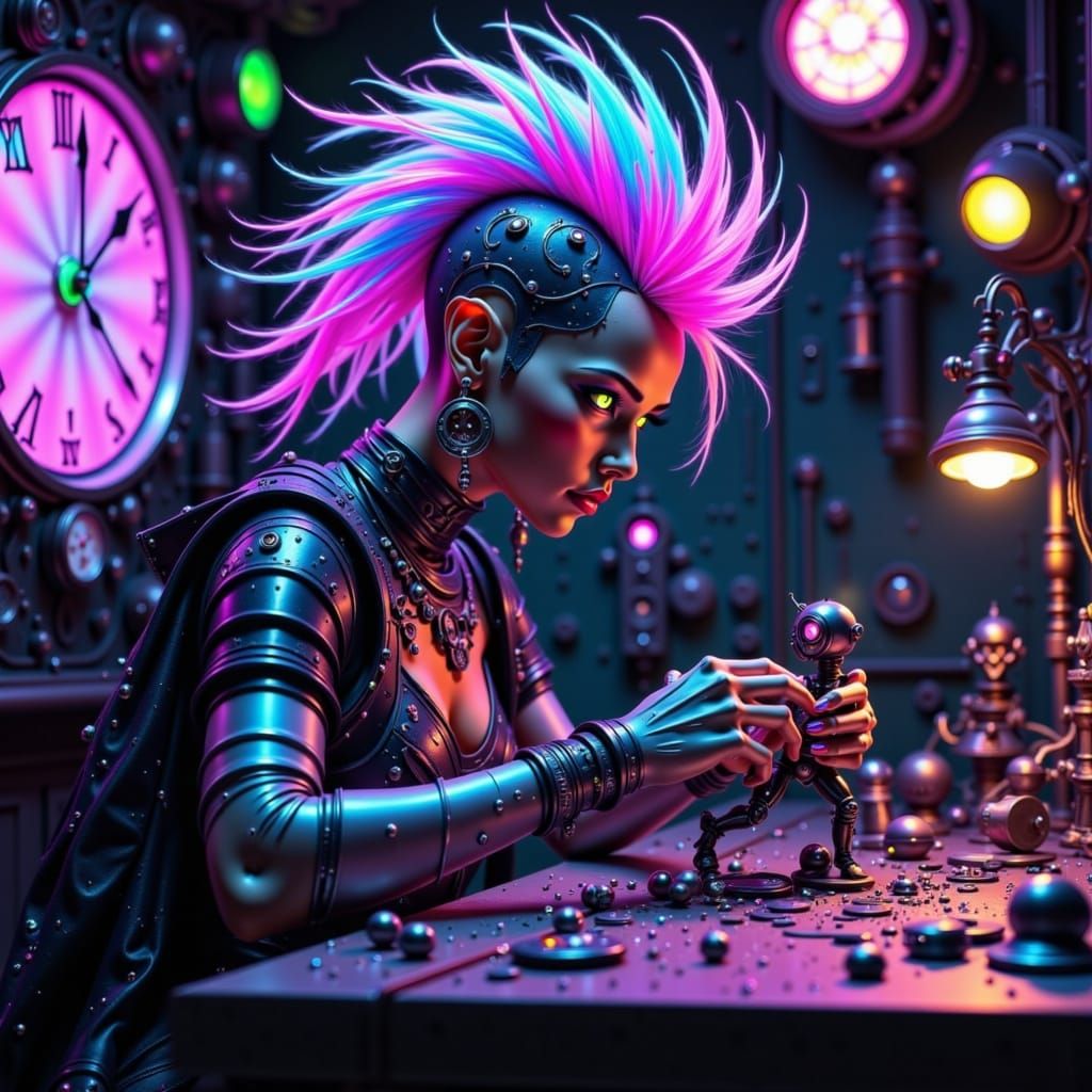 A highly detailed, cinematic photograph of a cyberpunk orc clockmaker cyborg with a striking, iridescent metallic Mohawk, crafted from intri...