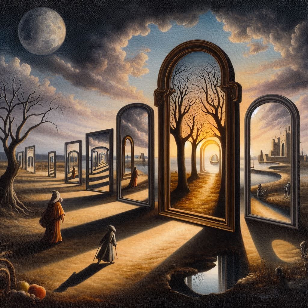 In the realm where shadows play, A world of mirrors leads as...