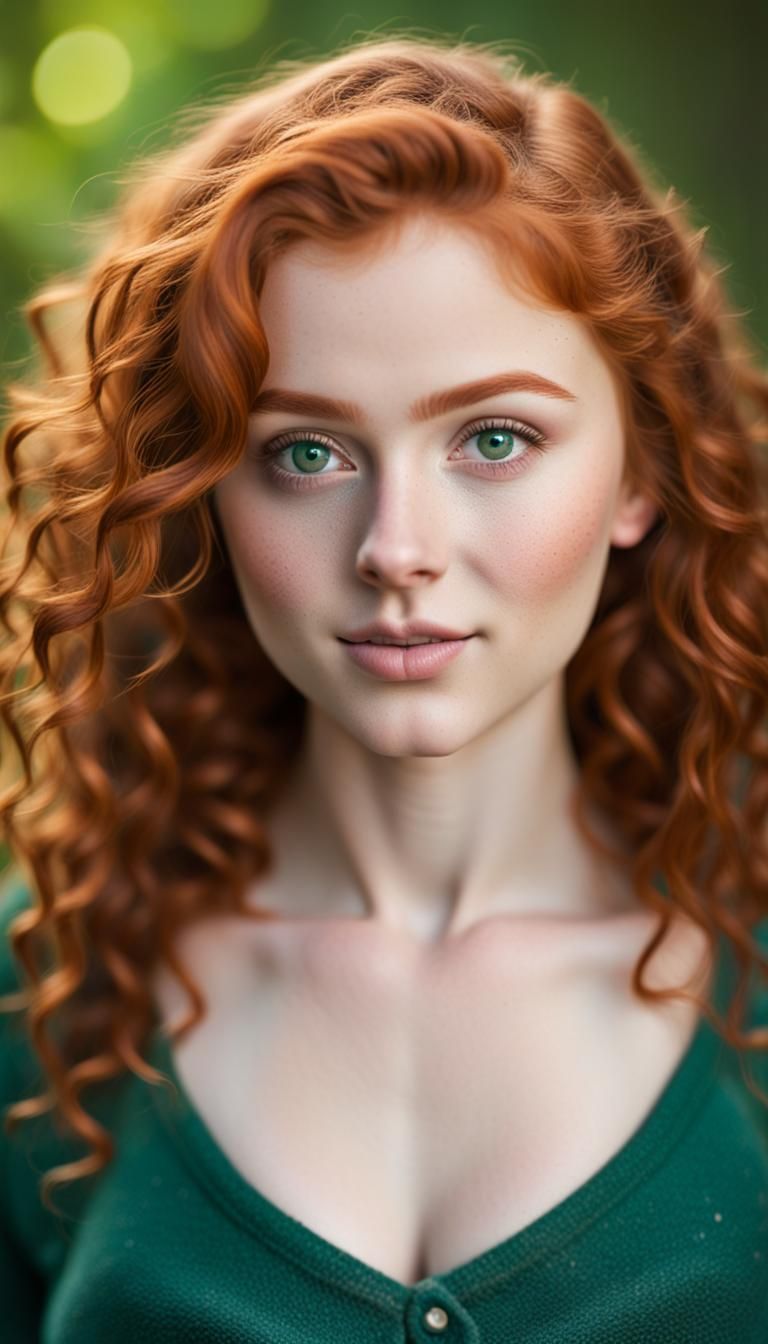 redhead teenage girl with wavy hair, cute heart shaped face,...