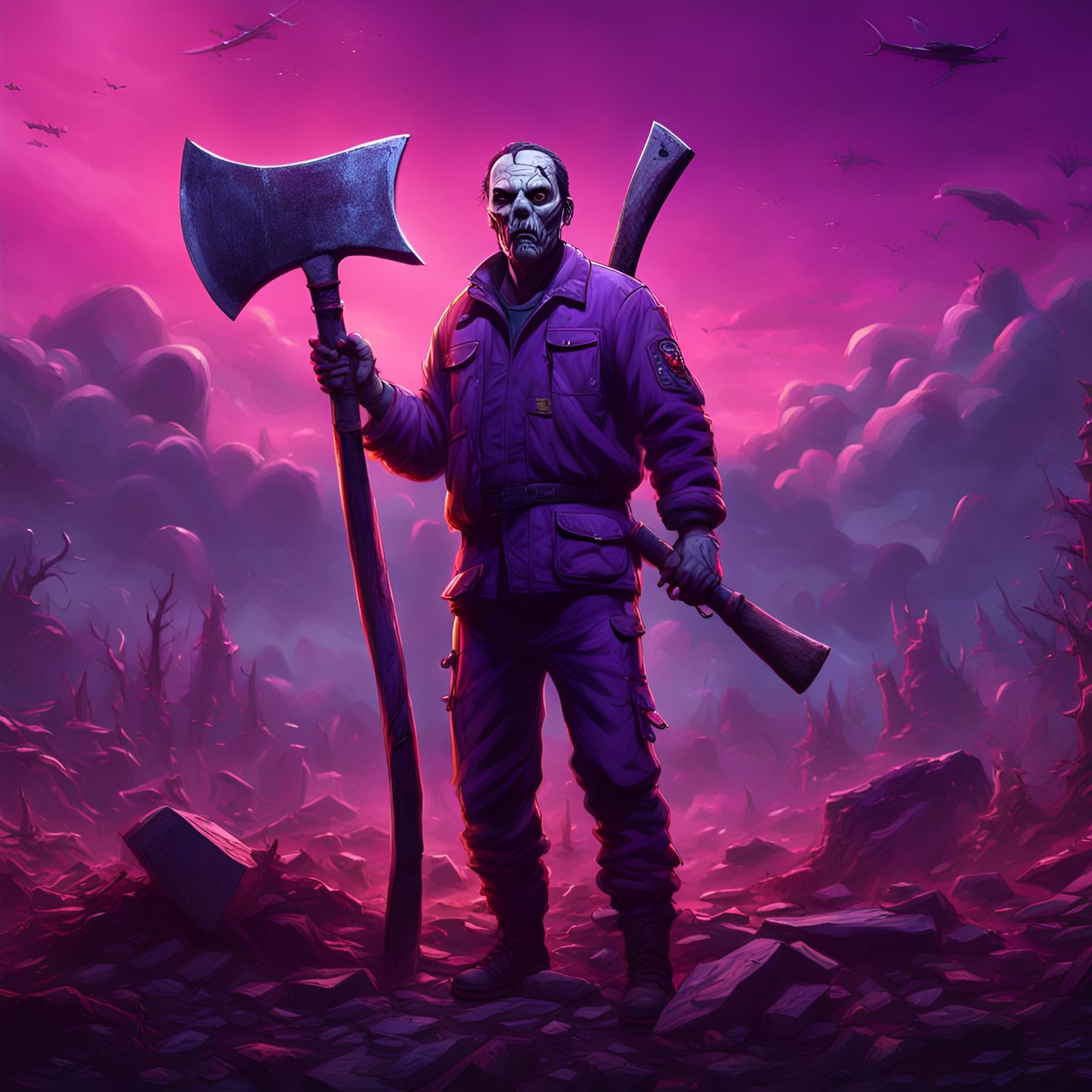 A serial killer with an axe in a purple sky