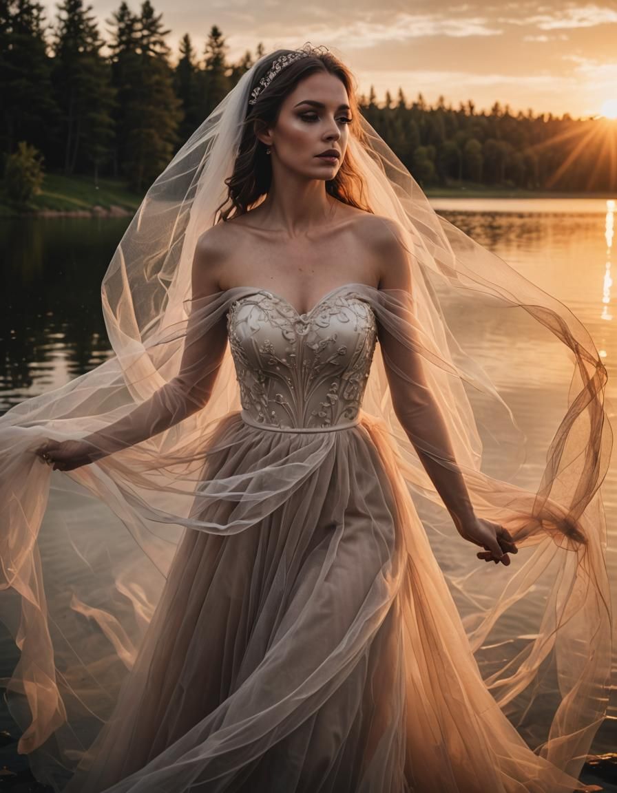 Beautiful woman in tulle veils, wind flowing ,  beautiful su...