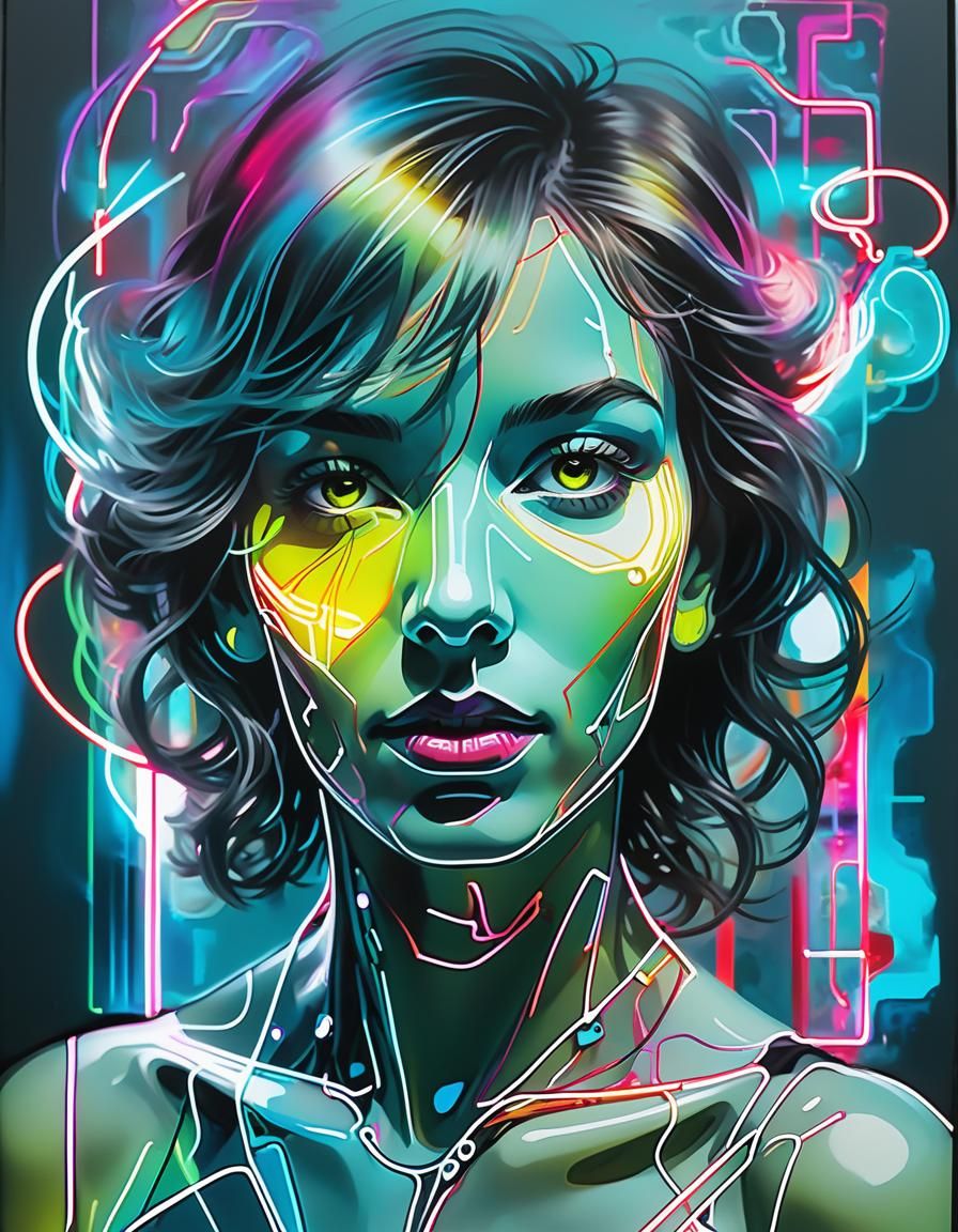 Self-Portrait: CIRCUITRY Glowing Lines: Neon SYNTHWAVE: Alcohol Ink STENCIL: Artemisia Gentileschi   by @Chaonea