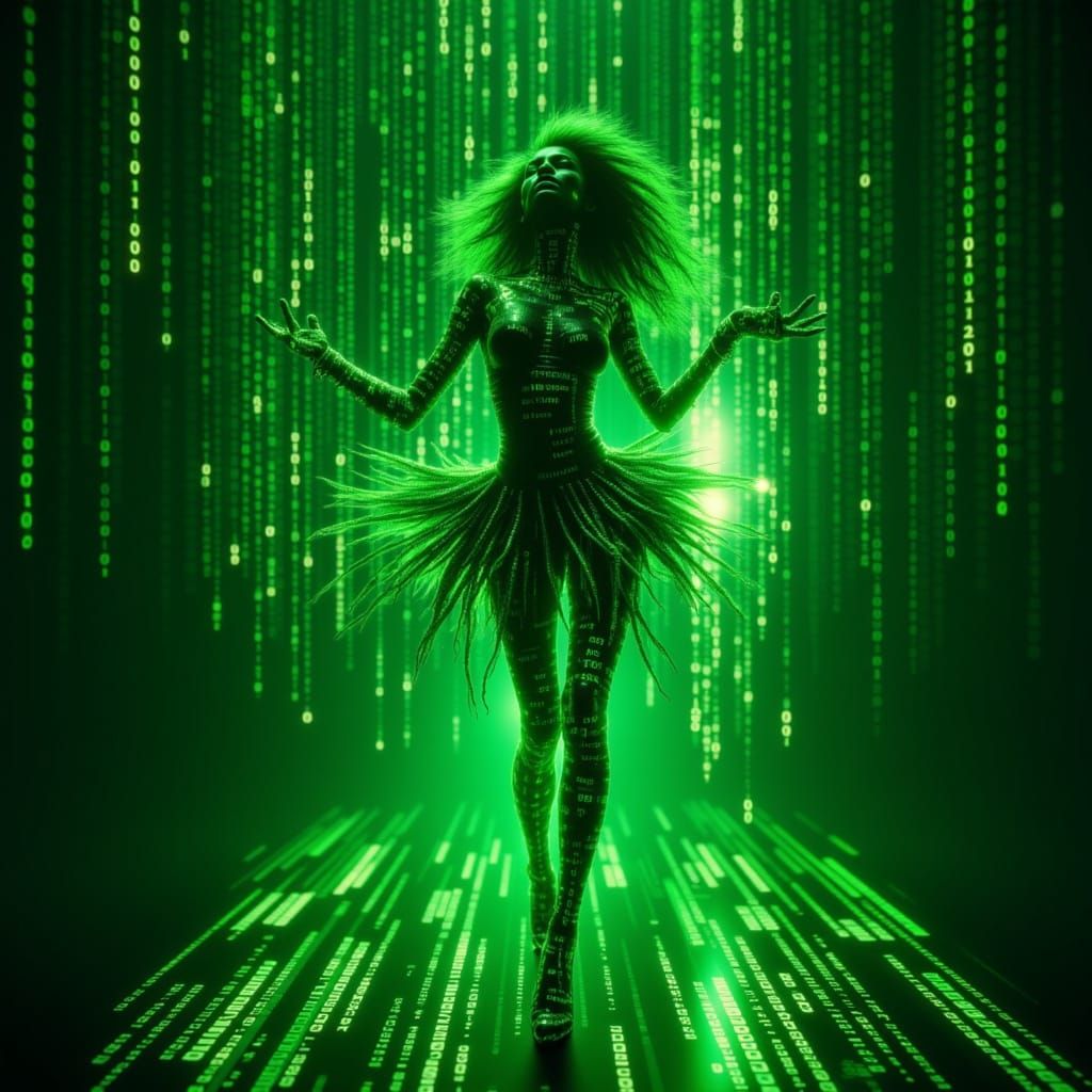 Glitchcore image (((Binary code dream))) background, (((double exposure: transparent bioluminesenty glowing limegreen 20 year androgyne pers...