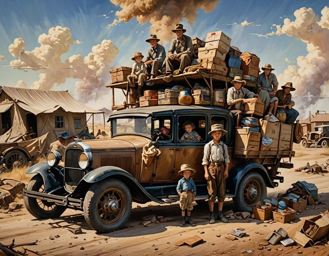 Oklahama family fleeing the 1930’s dustbowl and  camped by the roadside in their 1920’s Ford piled high ...  by @Runway Lights 