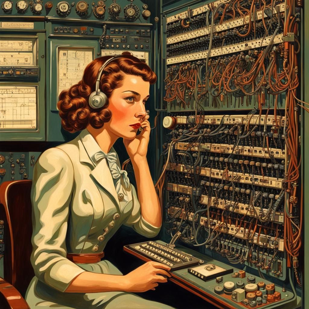 Vintage switchboard, with female line operator. intricately detailed maximalism retrofuturism  by @Imahalfling