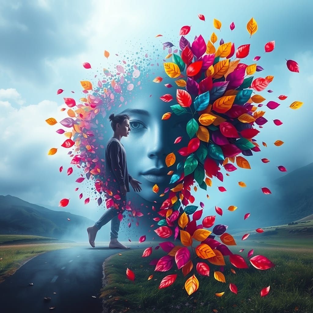 A surreal and conceptual artwork depicting the contrast between human and artificial intelligence. A human figure, shrouded in mist, moves g...