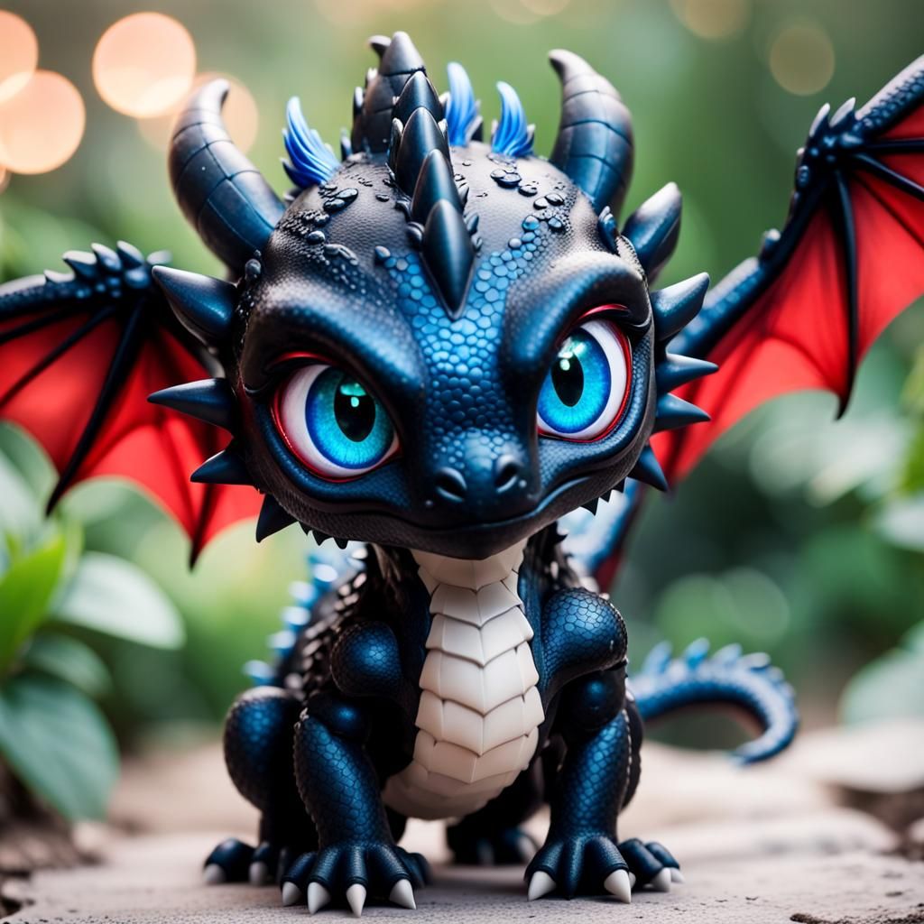 A black chibi dragon with huge blue eyes and red wings, Professional photography, bokeh, natural lighting, ...  by @TJ Elliott 
