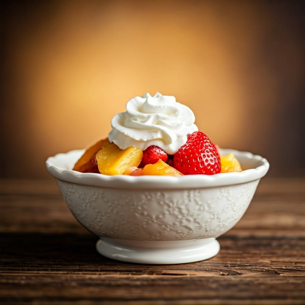 Vintage China Compote with Whipped Cream and Fresh Fruits