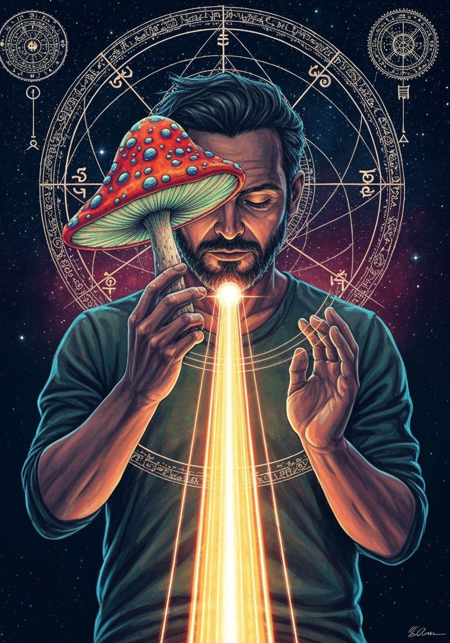 Cosmic Mushroom Man With Esoteric Symbols